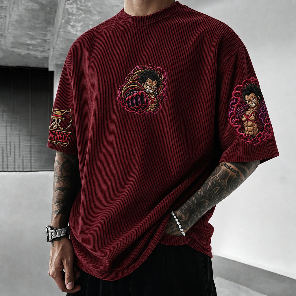 One Piece Unisex Anime-Style Retro Corduroy Oversized T-Shirt
