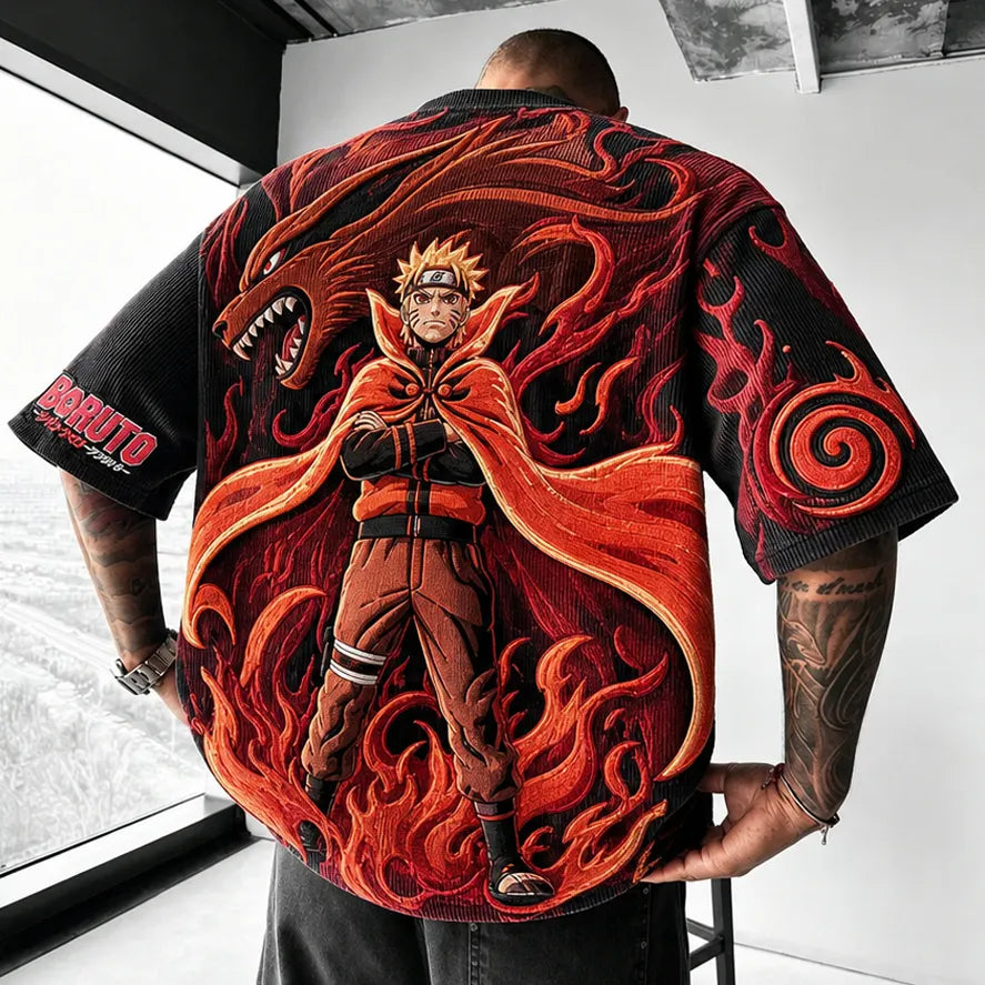NINDO Unisex Oversized Anime-Print Vertical-Stripe Short-Sleeve T-Shirt
