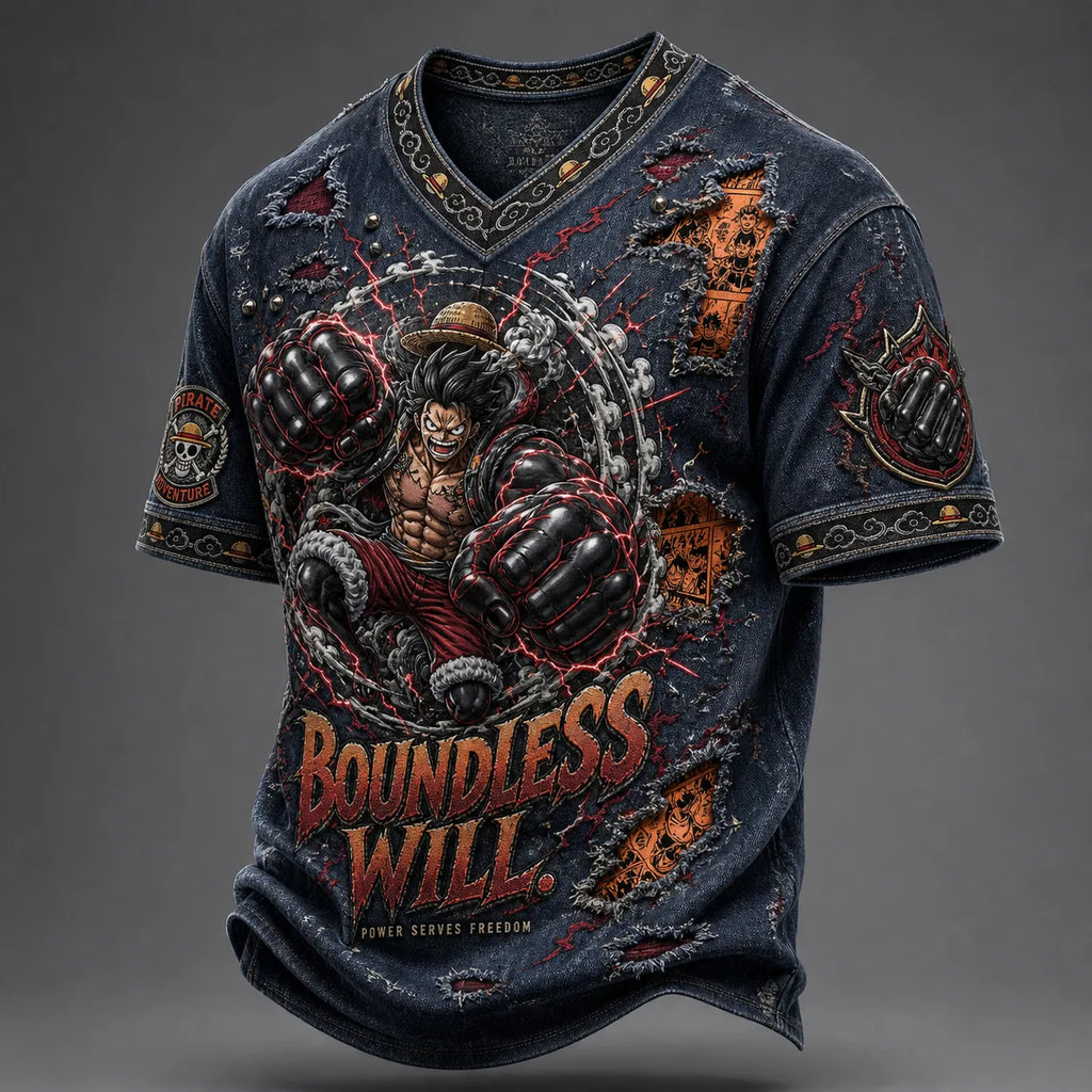 One Piece Pirate Crew Print V-Neck T-Shirt