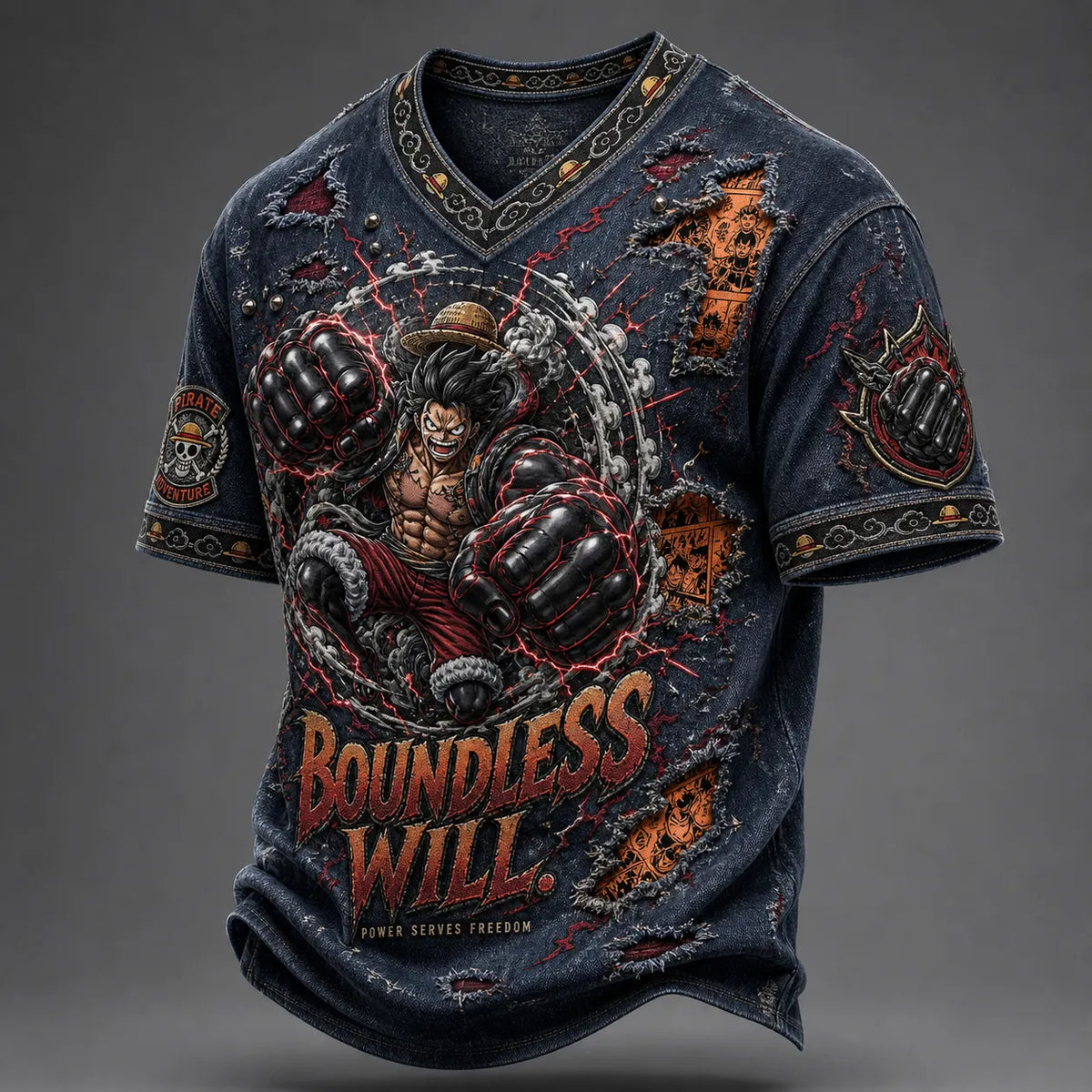One Piece Pirate Crew Print V-Neck T-Shirt