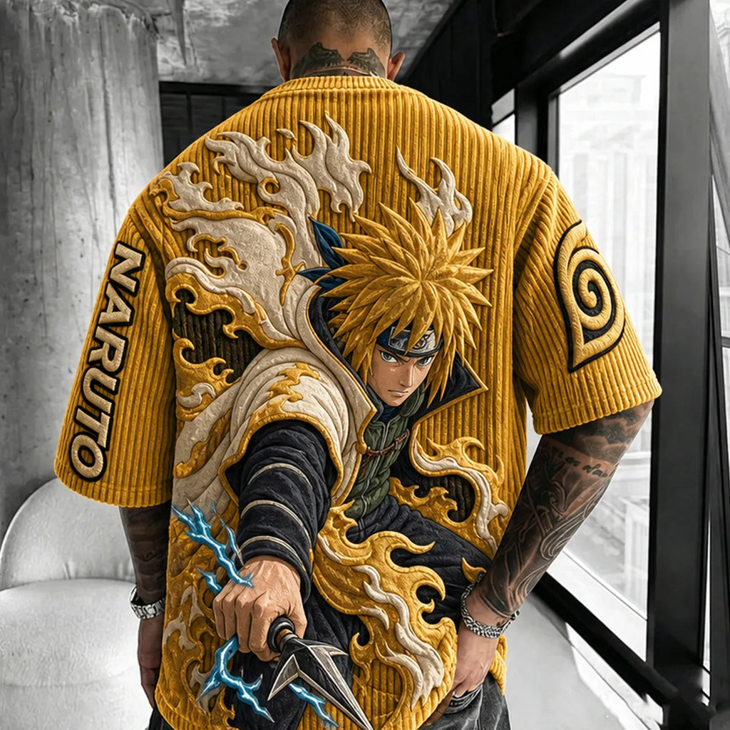 NINDO Unisex Anime-Style Retro Corduroy Oversized T-Shirt