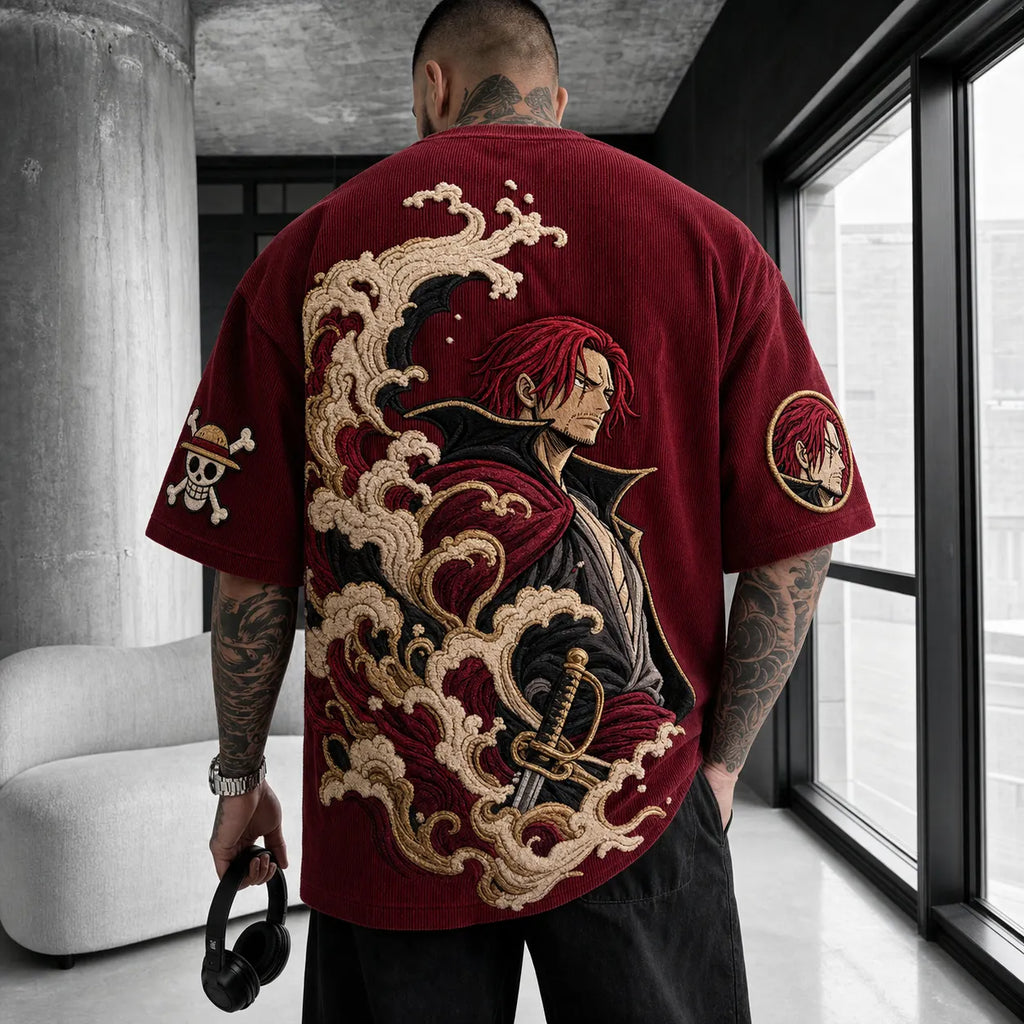 One Piece Unisex Anime-Style Retro Corduroy Oversized T-Shirt