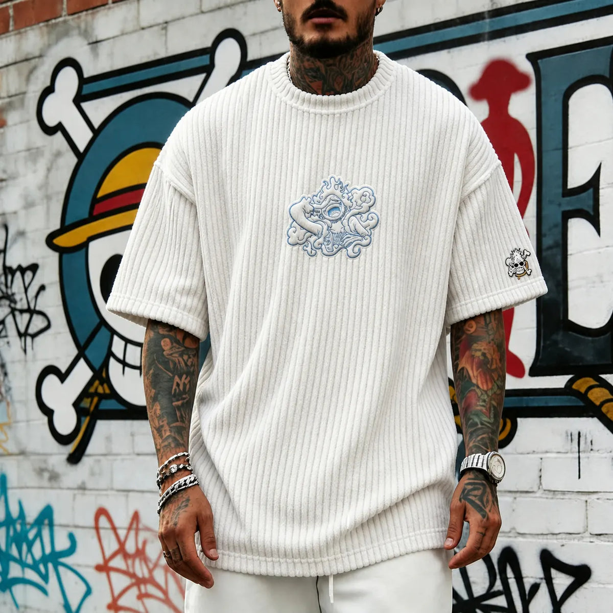 One Piece Unisex Anime-Style Retro Corduroy Oversized T-Shirt