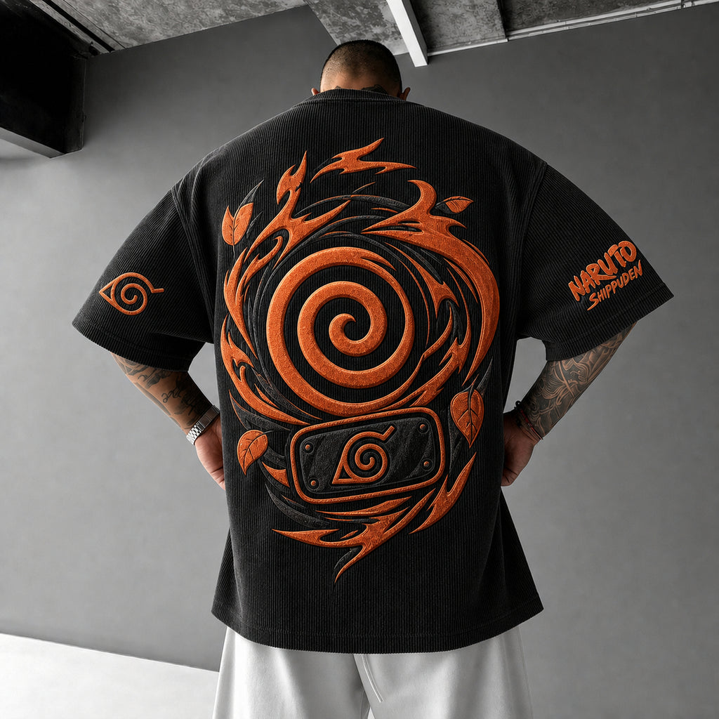 NINDO Unisex Anime-Style Retro Corduroy Oversized T-Shirt