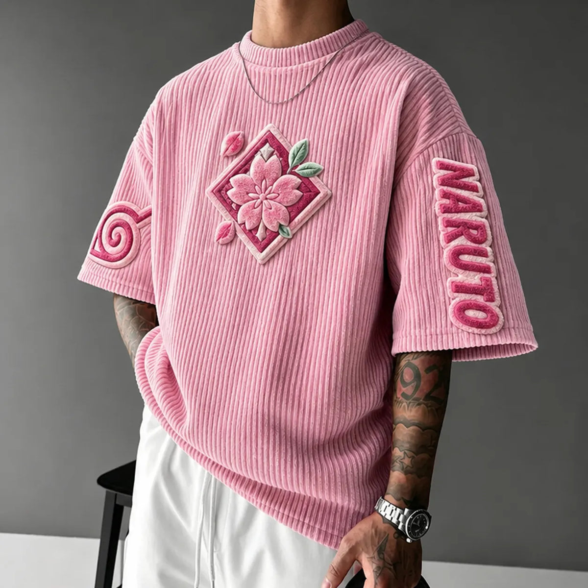 NINDO Unisex Anime-Style Retro Corduroy Oversized T-Shirt
