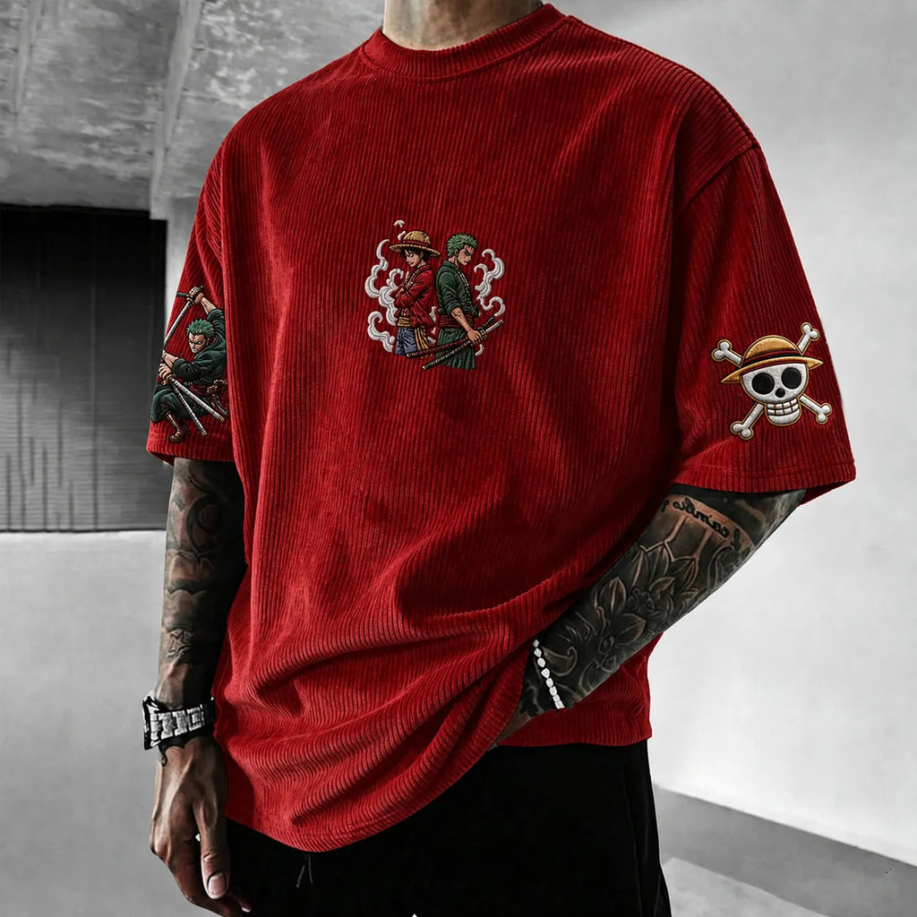 One Piece Unisex Anime-Style Retro Corduroy Oversized T-Shirt