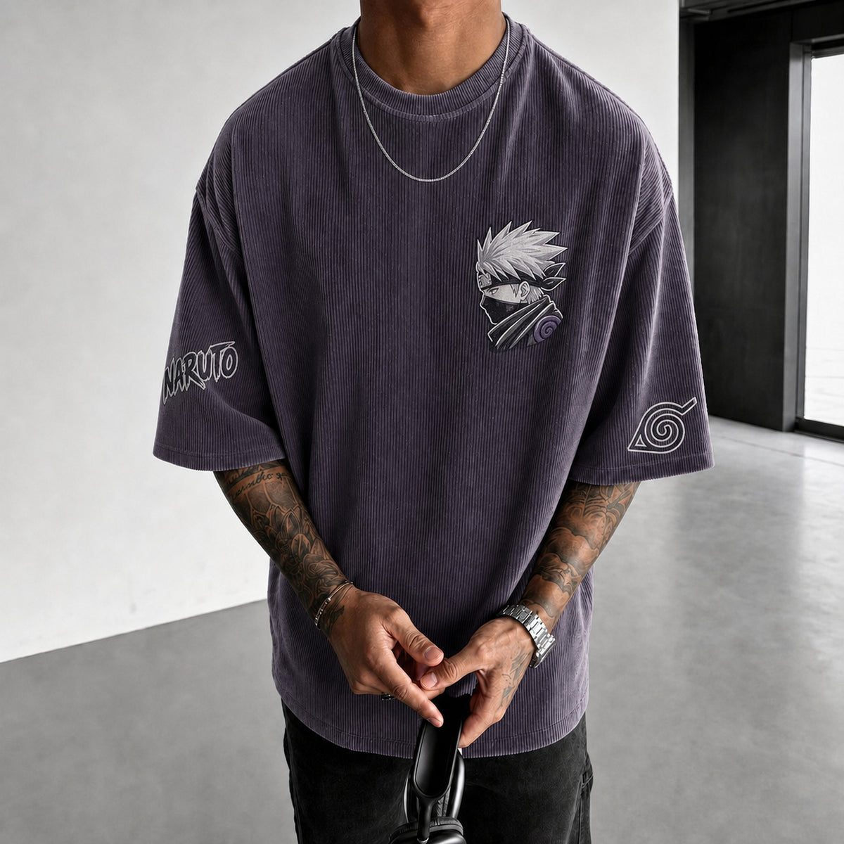 NINDO Unisex Anime-Style Retro Corduroy Oversized T-Shirt