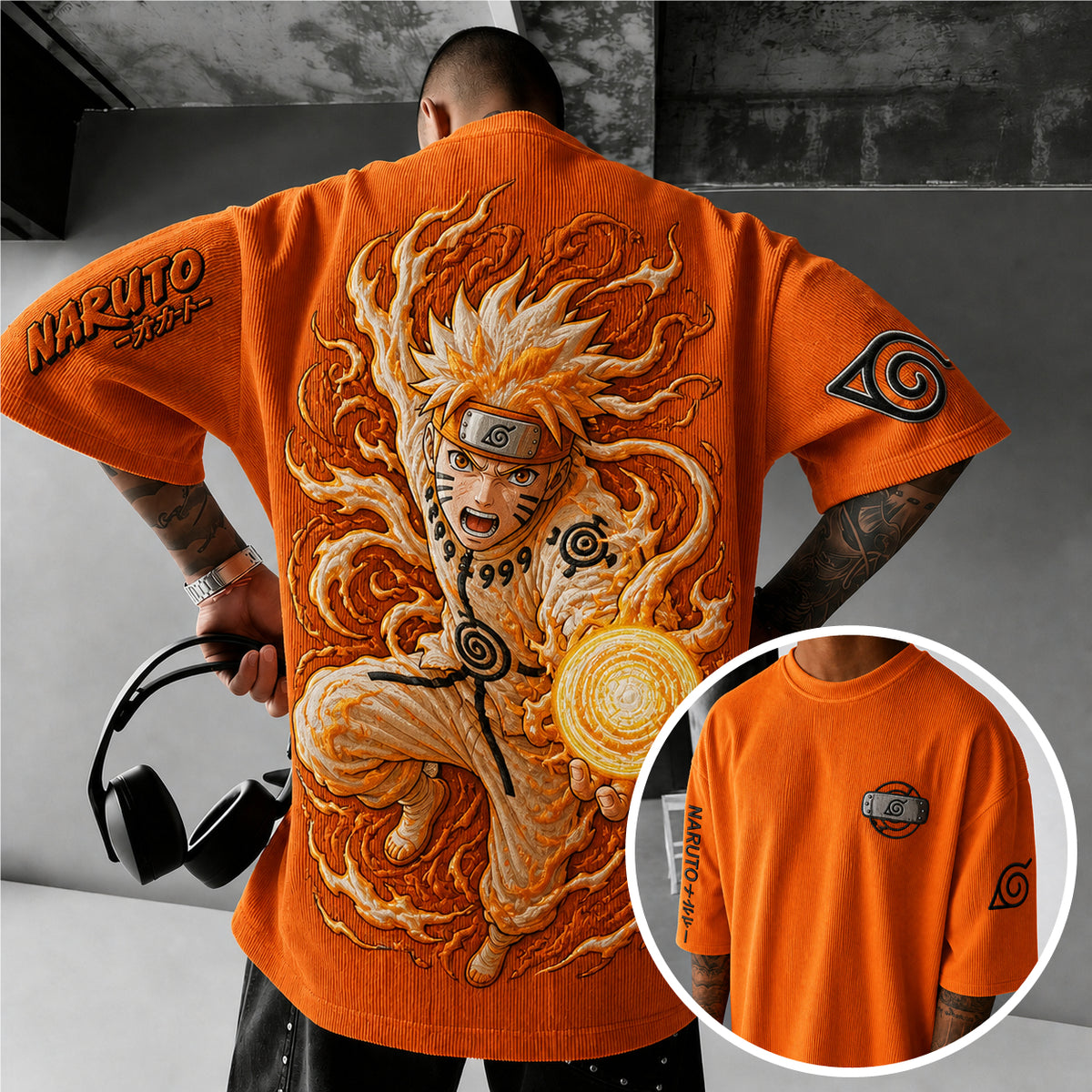NINDO Unisex Anime-Style Retro Corduroy Oversized T-Shirt