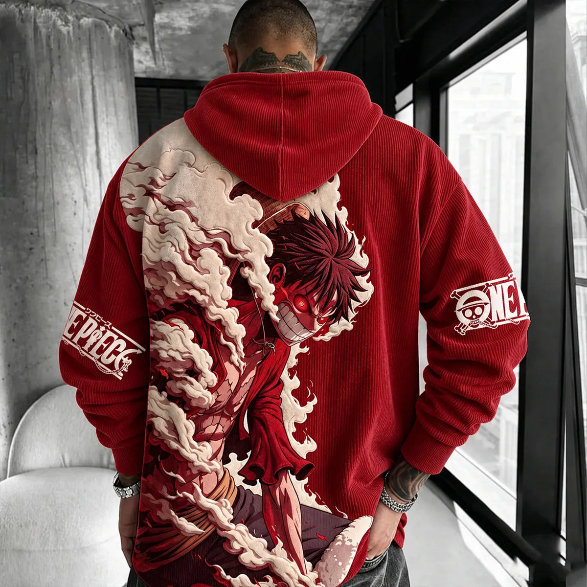 One Piece Unisex Retro Corduroy Hoodie With Anime-style Graphics