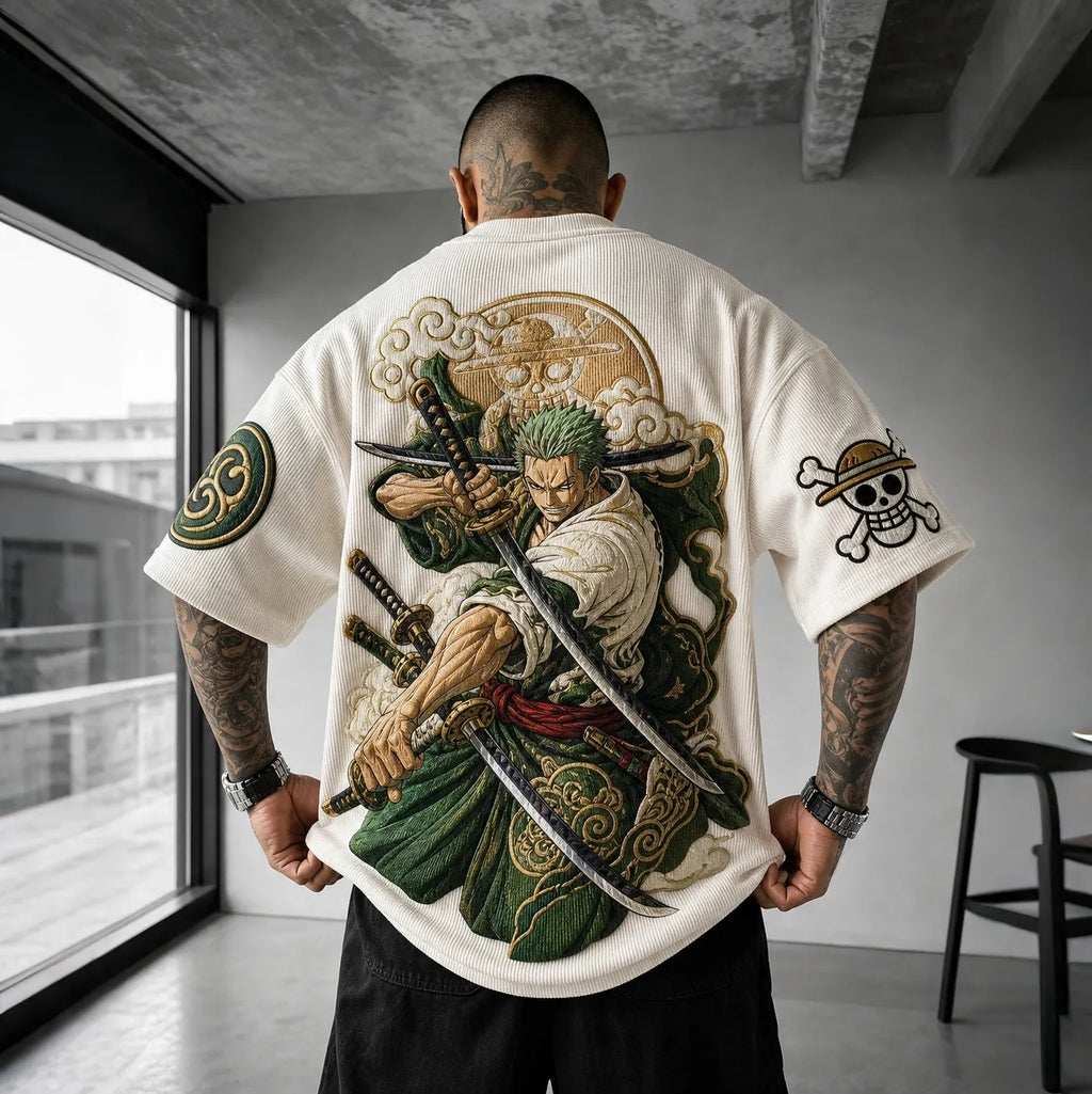 One Piece Unisex Anime-Style Retro Corduroy Oversized T-Shirt