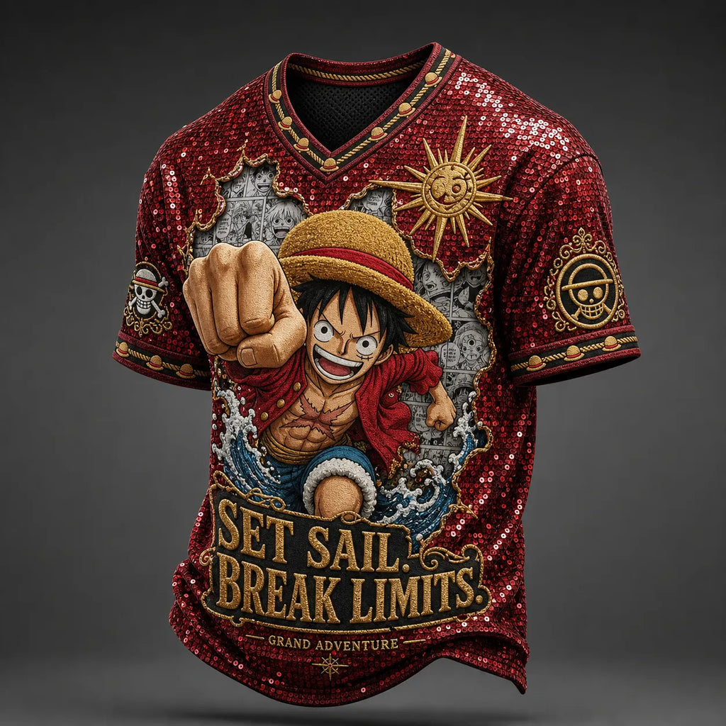 One Piece Pirate Crew Print V-Neck T-Shirt