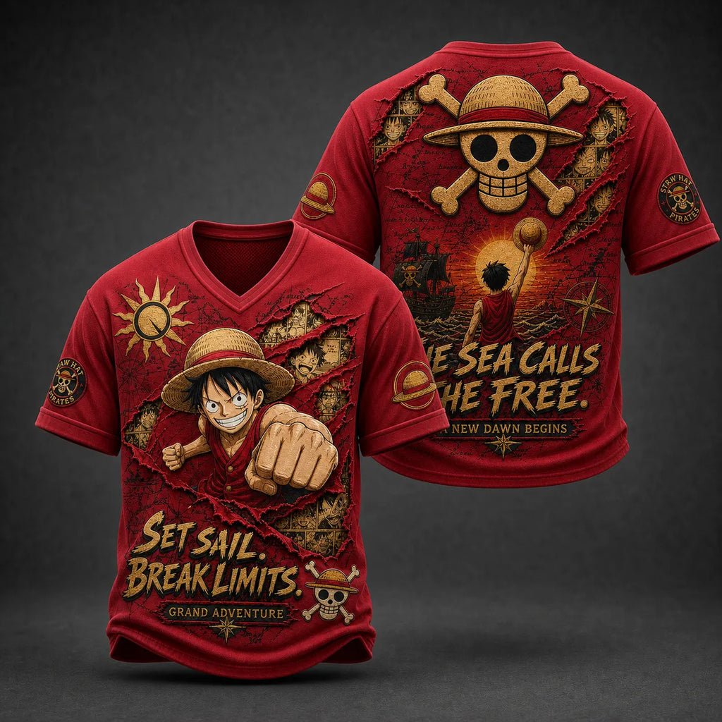 One Piece Pirate Crew Print V-Neck T-Shirt