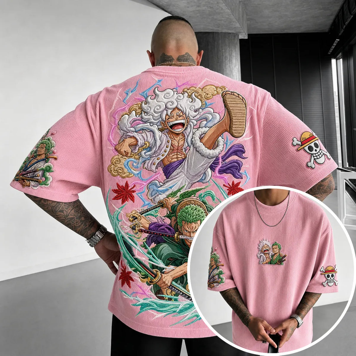 One Piece Unisex Anime-Style Retro Corduroy Oversized T-Shirt