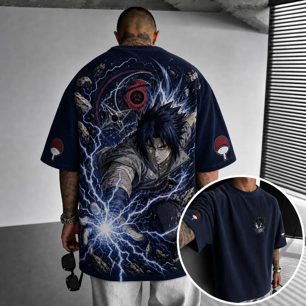 NINDO Unisex Oversized Anime-Print Vertical-Stripe Short-Sleeve T-Shirt