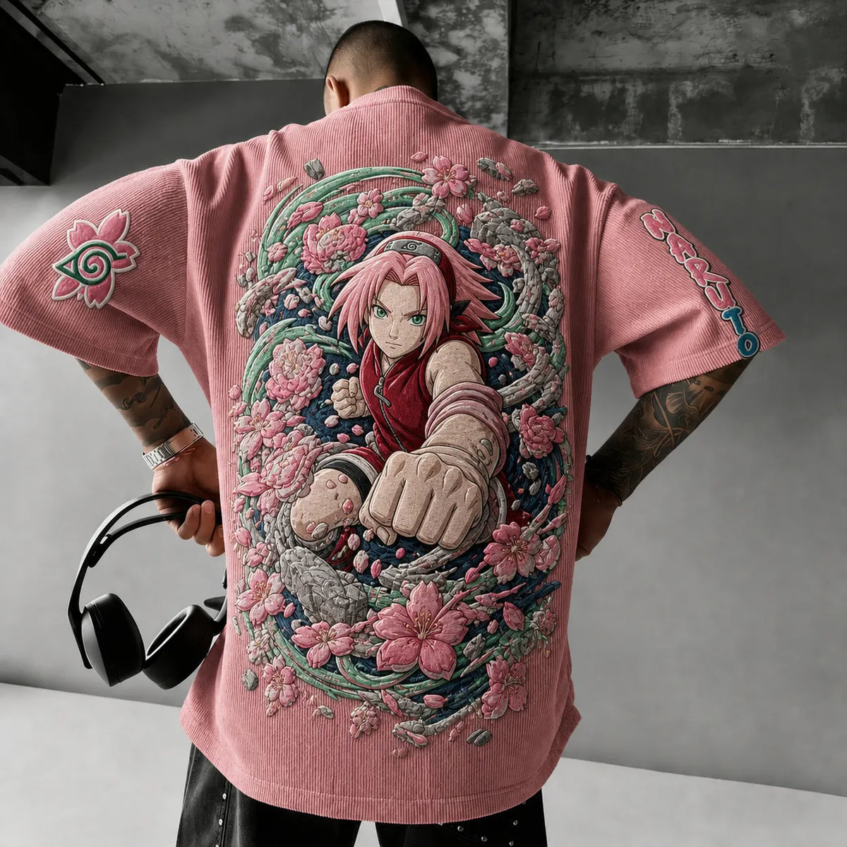 NINDO Unisex Anime-Style Retro Corduroy Oversized T-Shirt