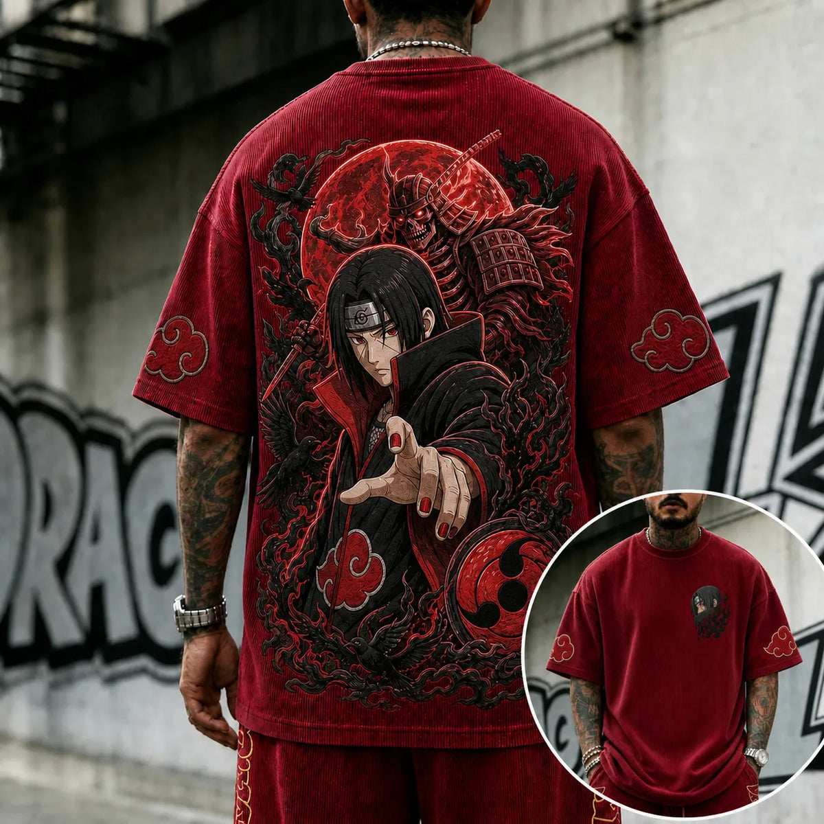 NINDO Unisex Oversized Anime-Print Vertical-Stripe Short-Sleeve T-Shirt
