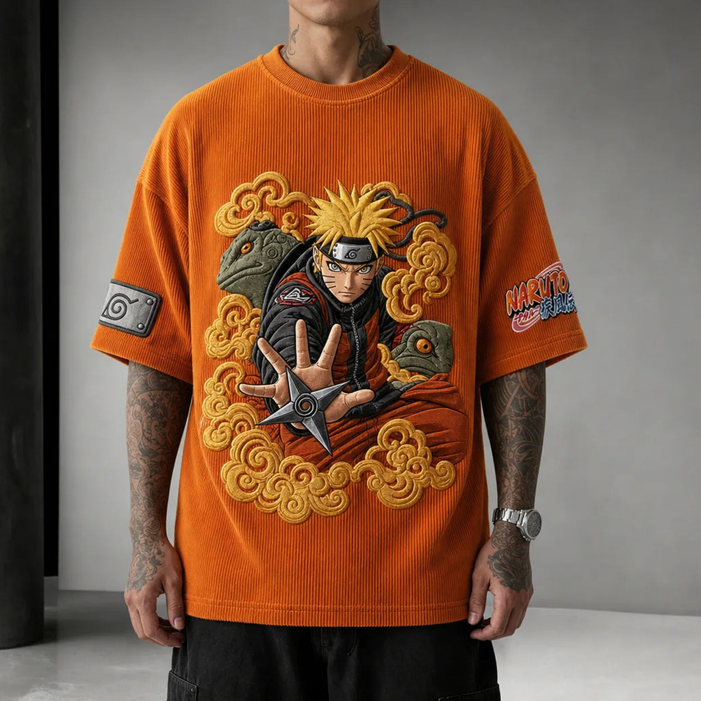 NINDO Unisex Oversized Anime-Print Vertical-Stripe Short-Sleeve T-Shirt