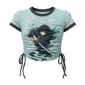 KNY Women's Slim-Fit Short-Sleeve T-Shirt With Anime Print And Side Drawstrings