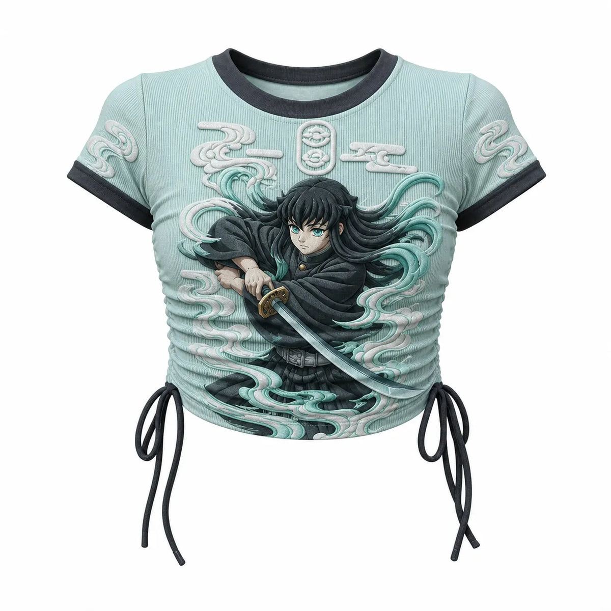 KNY Women's Slim-Fit Short-Sleeve T-Shirt With Anime Print And Side Drawstrings