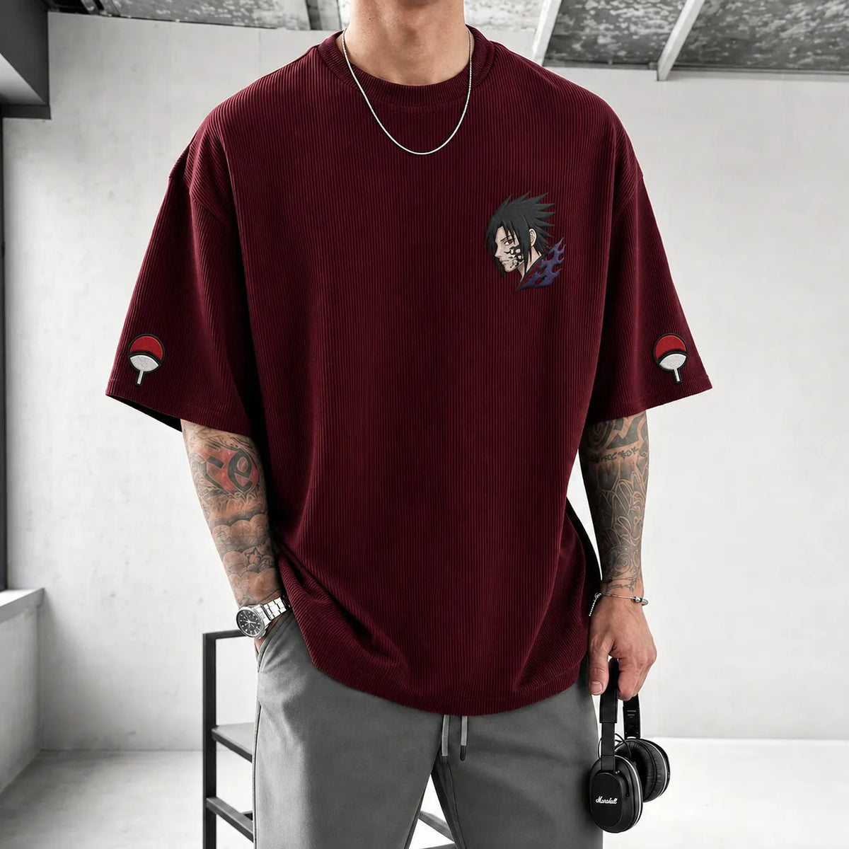 NINDO Unisex Oversized Anime-Print Vertical-Stripe Short-Sleeve T-Shirt