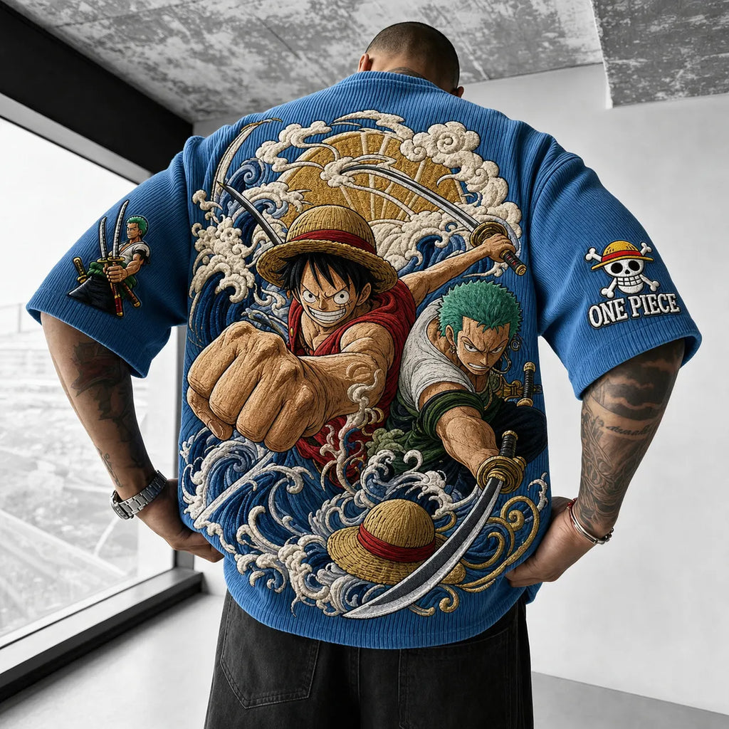 One Piece Unisex Anime-Style Retro Corduroy Oversized T-Shirt
