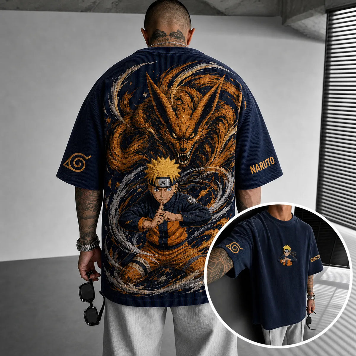 NINDO Unisex Anime-Style Retro Corduroy Oversized T-Shirt