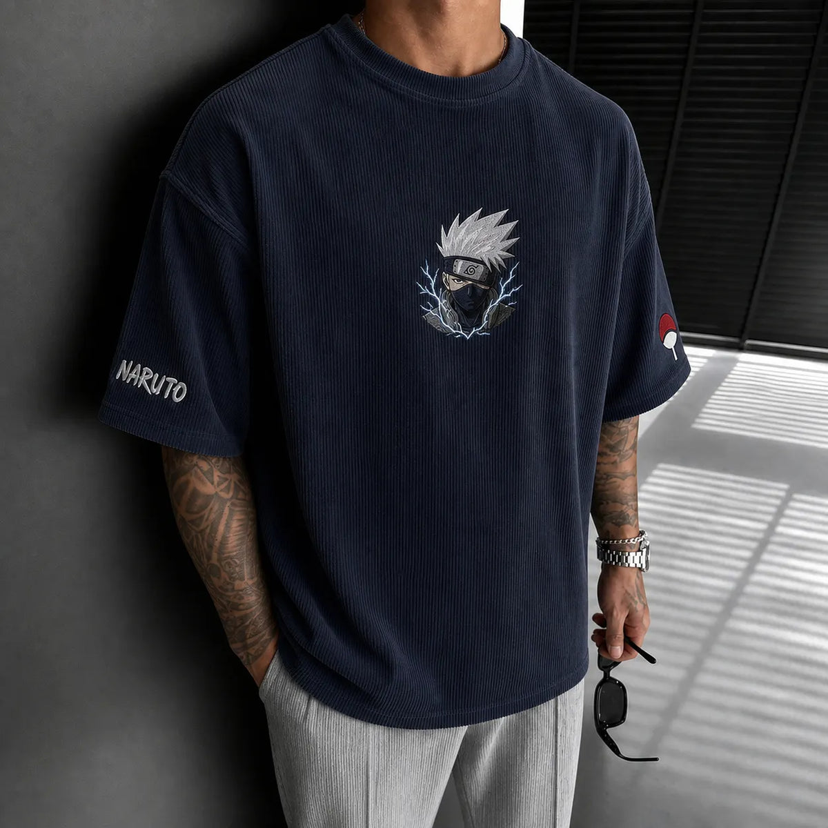 NINDO Unisex Anime-Style Retro Corduroy Oversized T-Shirt