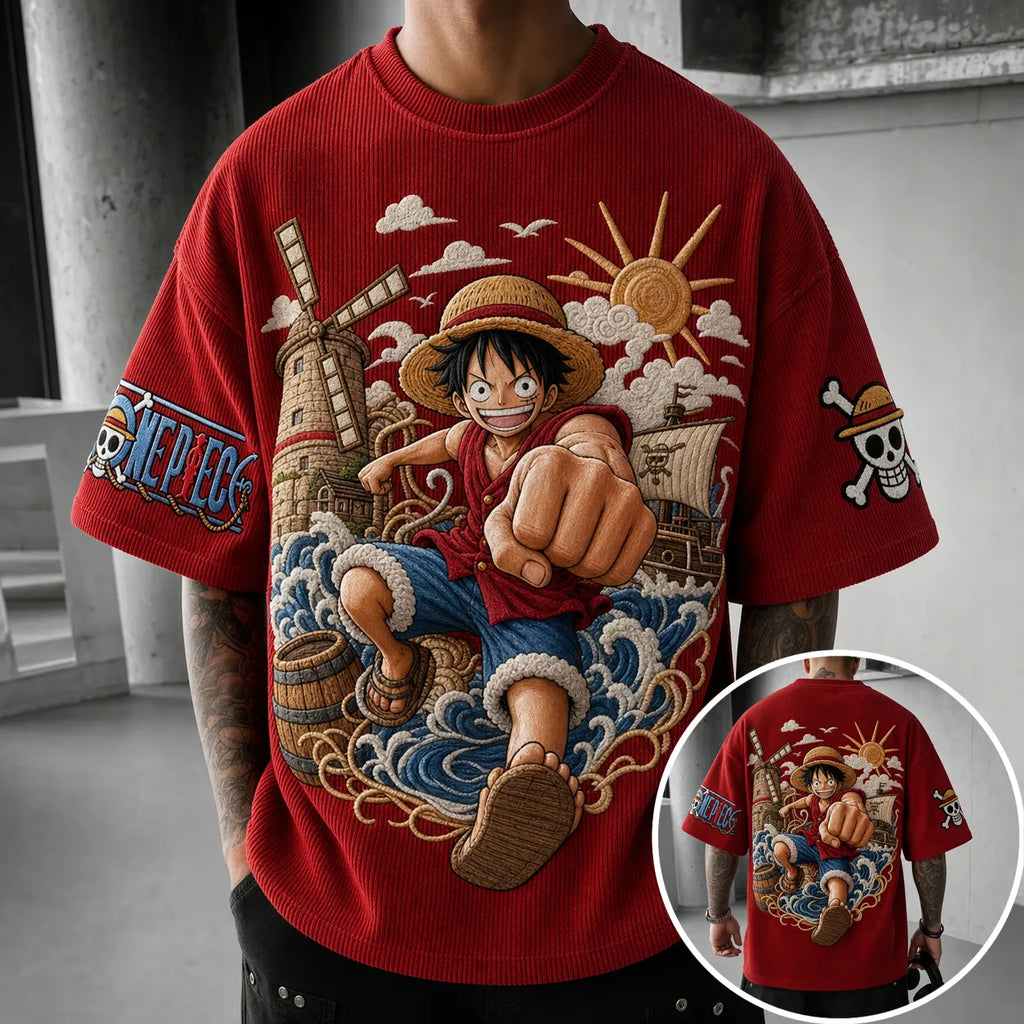 One Piece Unisex Short-Sleeve Corduroy T-Shirt With Anime Print