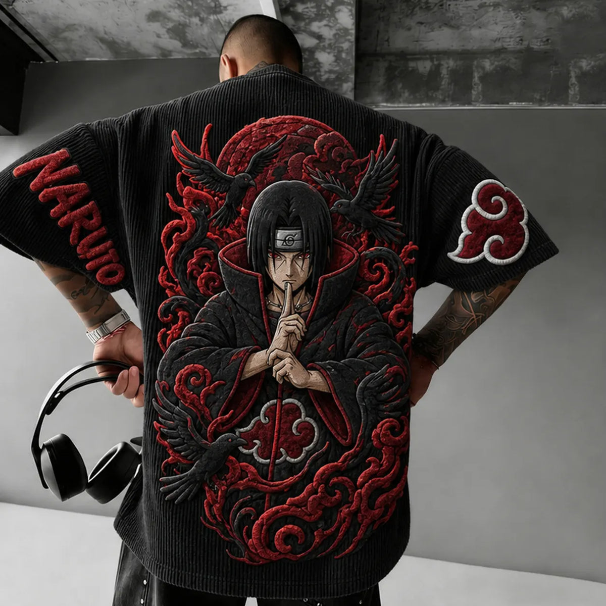 NINDO Unisex Anime-Style Retro Corduroy Oversized T-Shirt