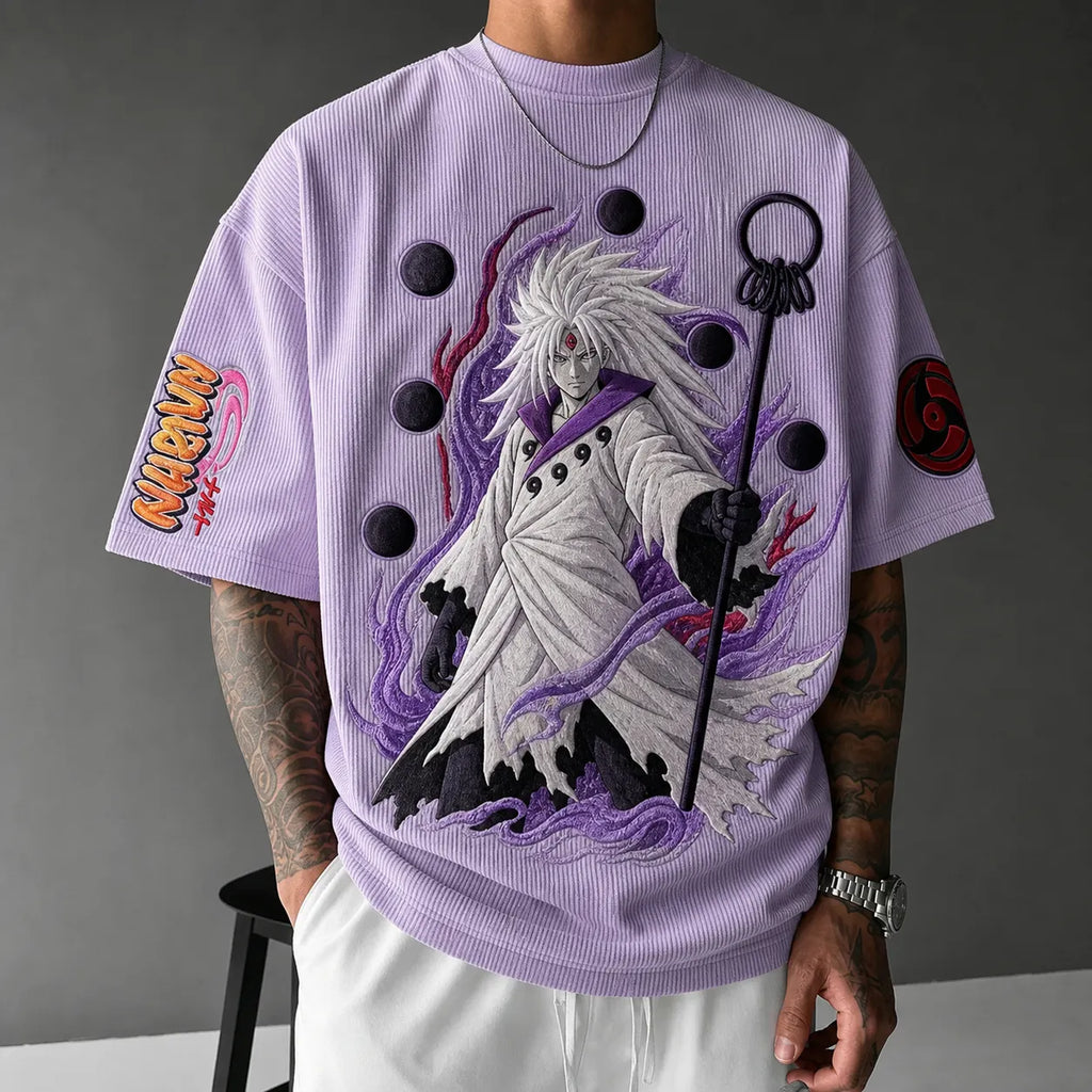 NINDO Unisex Oversized Anime-Print Vertical-Stripe Short-Sleeve T-Shirt