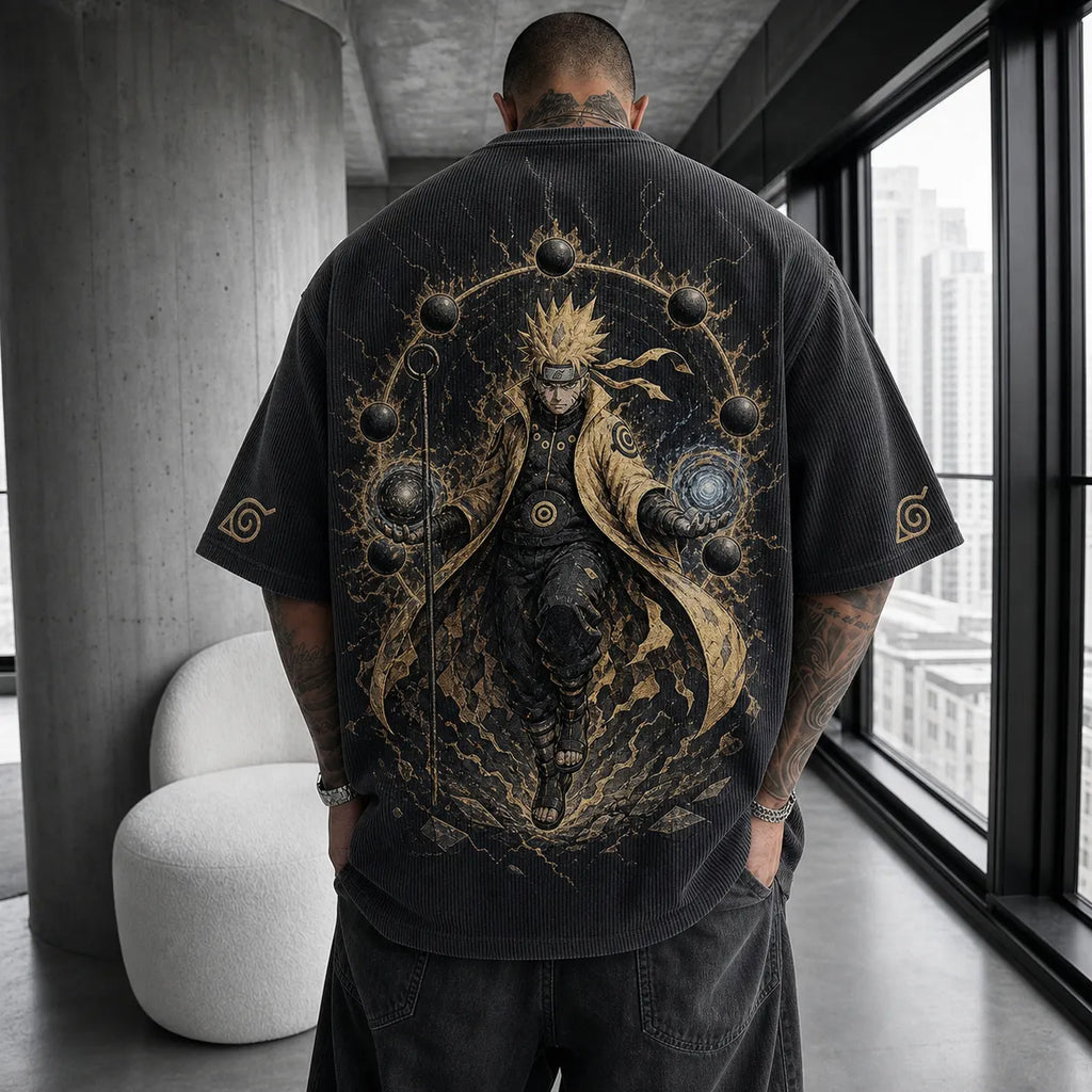 NINDO Unisex Oversized Anime-Print Vertical-Stripe Short-Sleeve T-Shirt