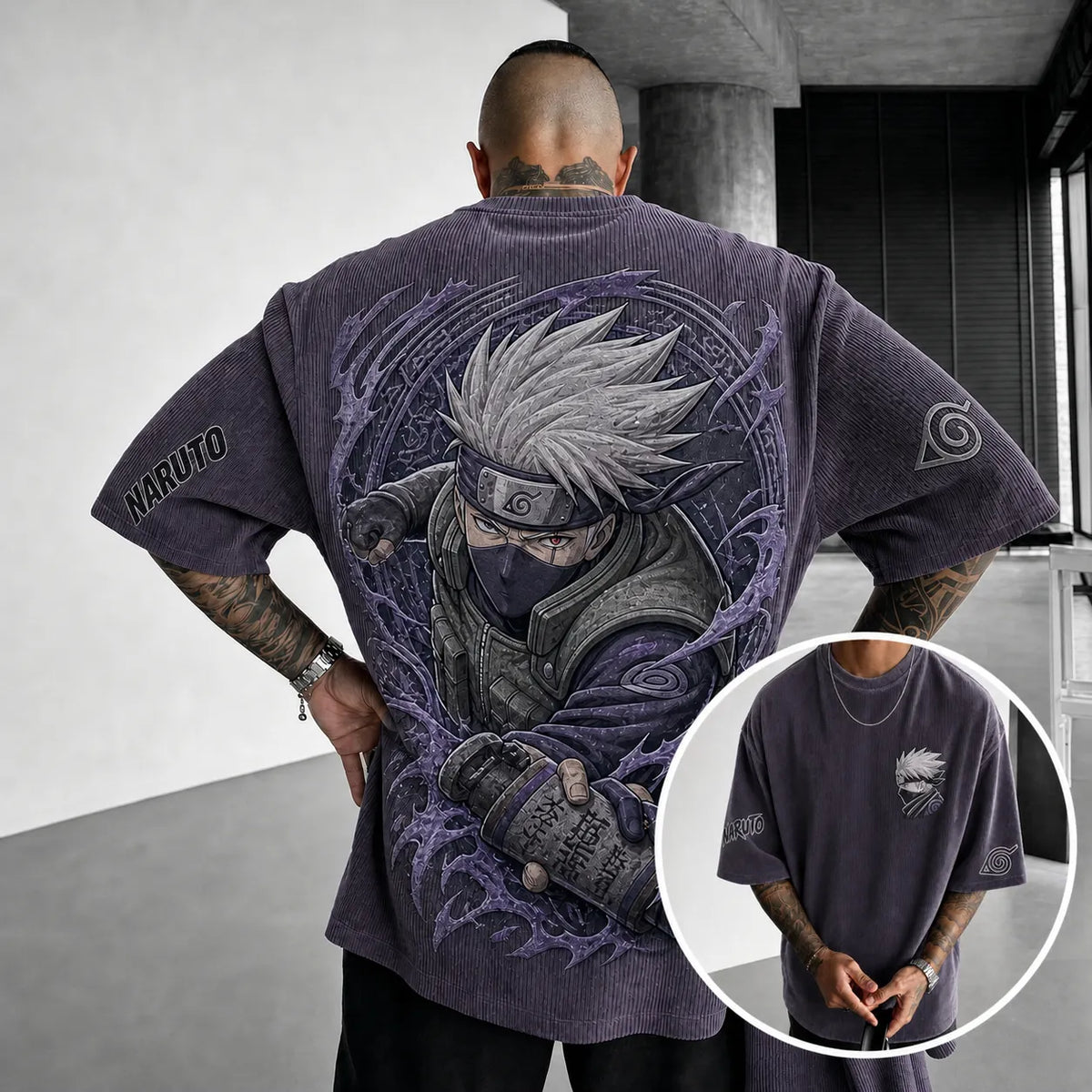 NINDO Unisex Anime-Style Retro Corduroy Oversized T-Shirt