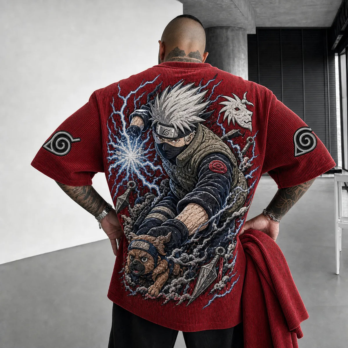 NINDO Unisex Oversized Anime-Print Vertical-Stripe Short-Sleeve T-Shirt