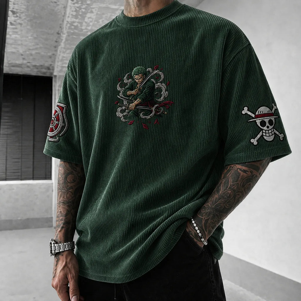 One Piece Unisex Anime-Style Retro Corduroy Oversized T-Shirt