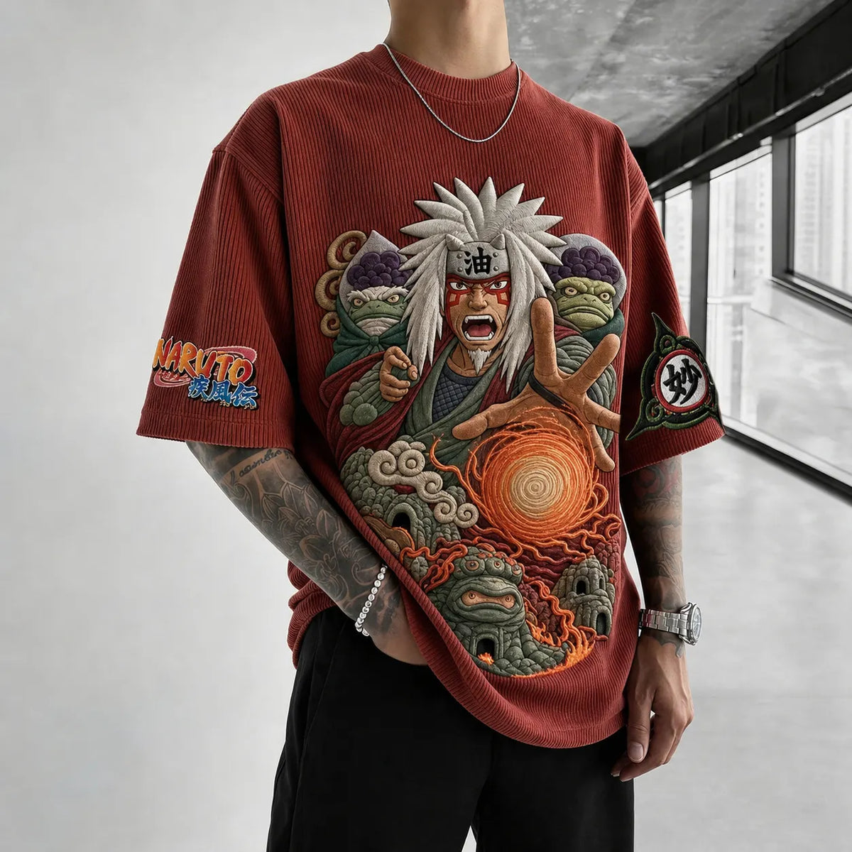 NINDO Unisex Oversized Anime-Print Vertical-Stripe Short-Sleeve T-Shirt