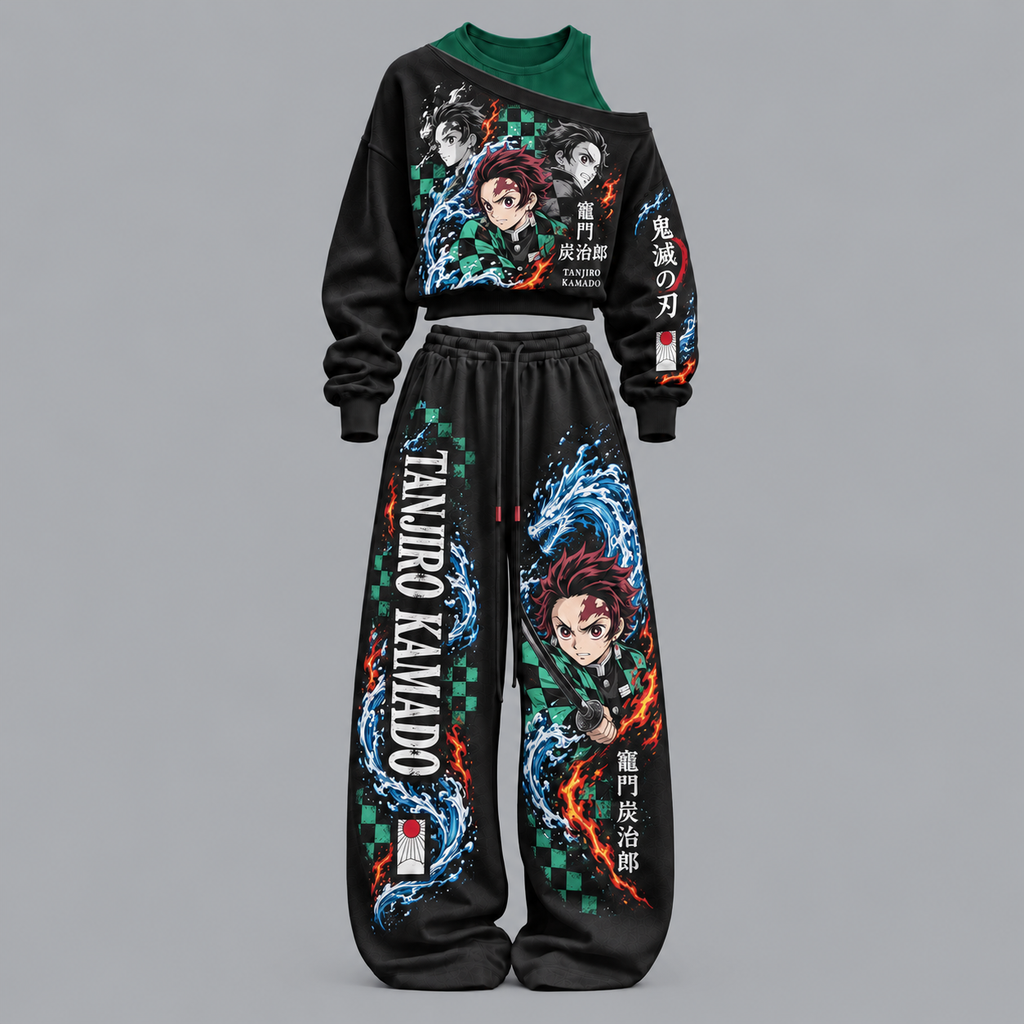 Demon Slayer-Women's Asymmetric Off-Shoulder Cut-Out Sweatshirt & Wide-Leg Sweatpants 2-Piece Set